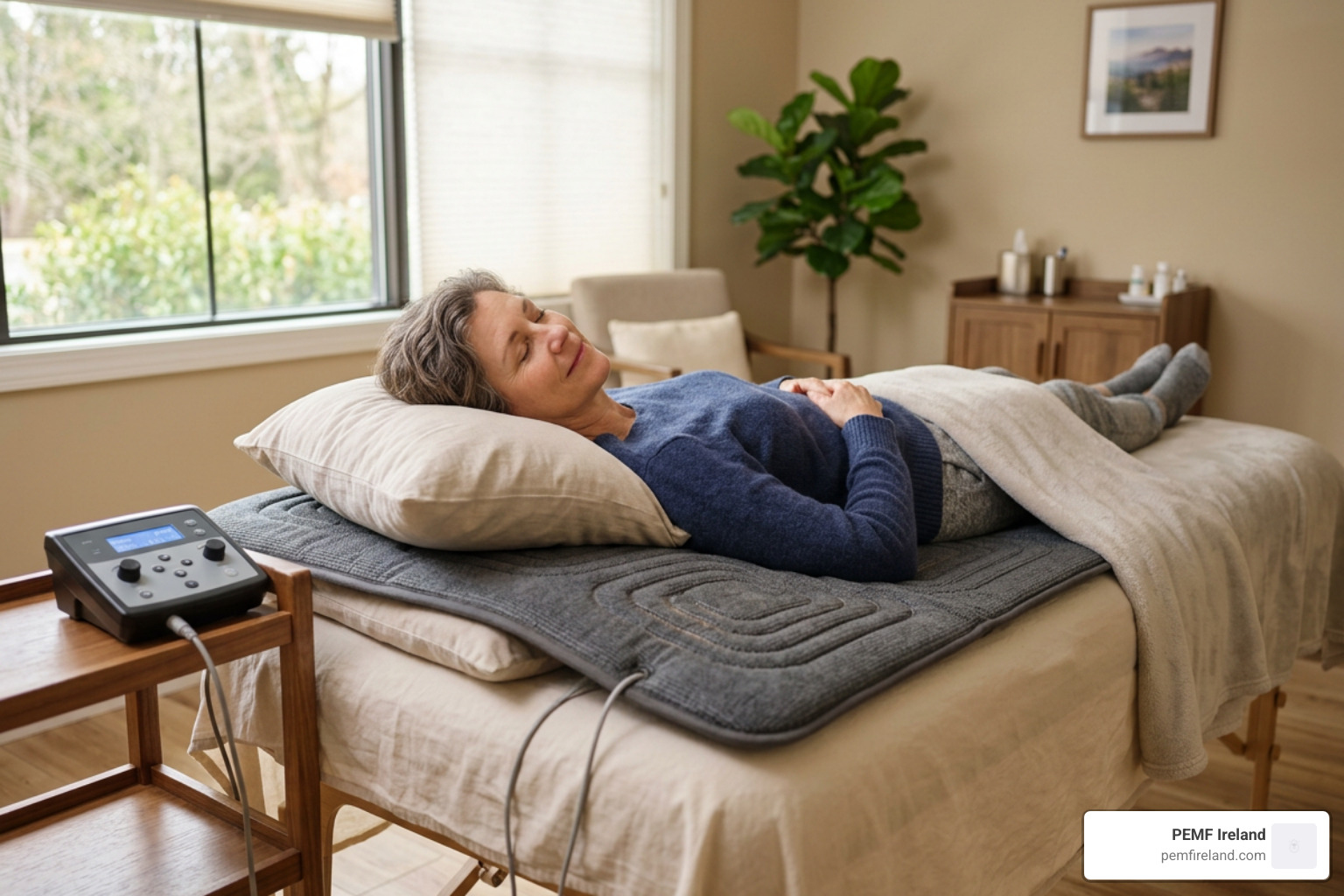 PEMF therapy session with electromagnetic mat and relaxed patient PEMF therapy session with electromagnetic mat and relaxed patient