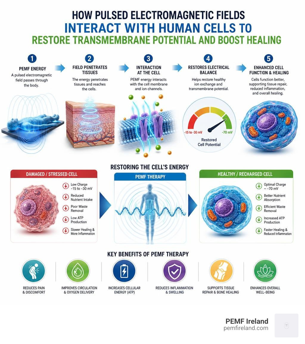 How pulsed electromagnetic fields interact with human cells to restore transmembrane potential and boost healing infographic How pulsed electromagnetic fields interact with human cells to restore transmembrane potential and boost healing infographic