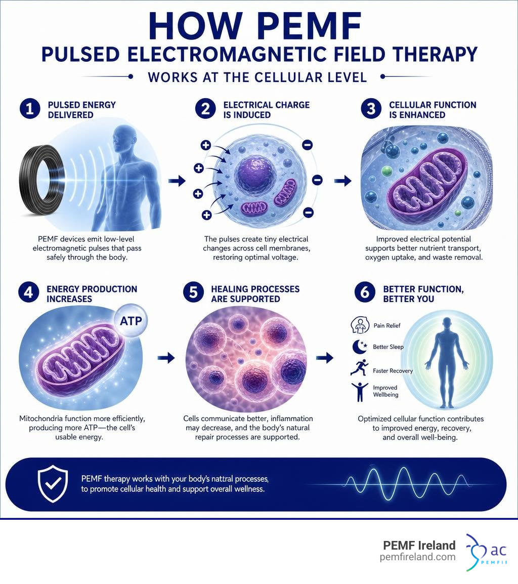How PEMF pulsed electromagnetic field therapy works at the cellular level infographic infographic How PEMF pulsed electromagnetic field therapy works at the cellular level infographic infographic