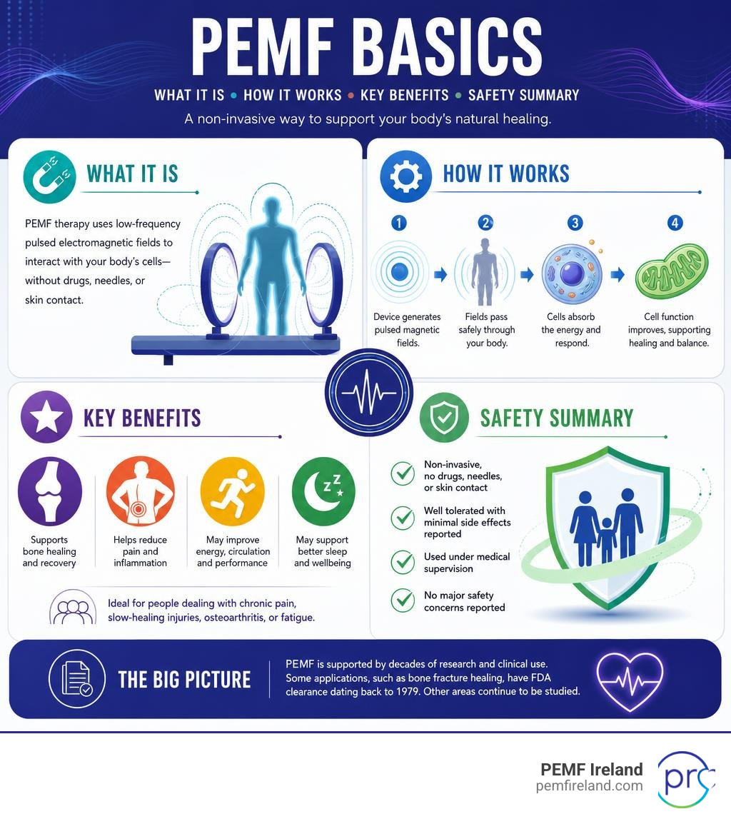 Infographic showing PEMF basics: what it is, how it works, key benefits, and safety summary infographic Infographic showing PEMF basics: what it is, how it works, key benefits, and safety summary infographic